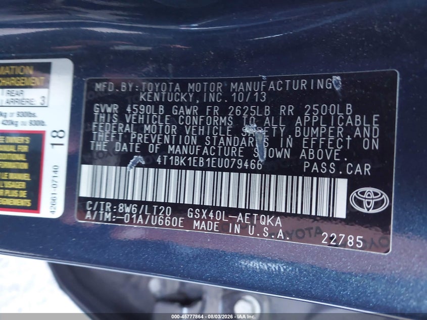 TOYOTA AVALON 2014 VIN 4T1BK1EB1EU079466