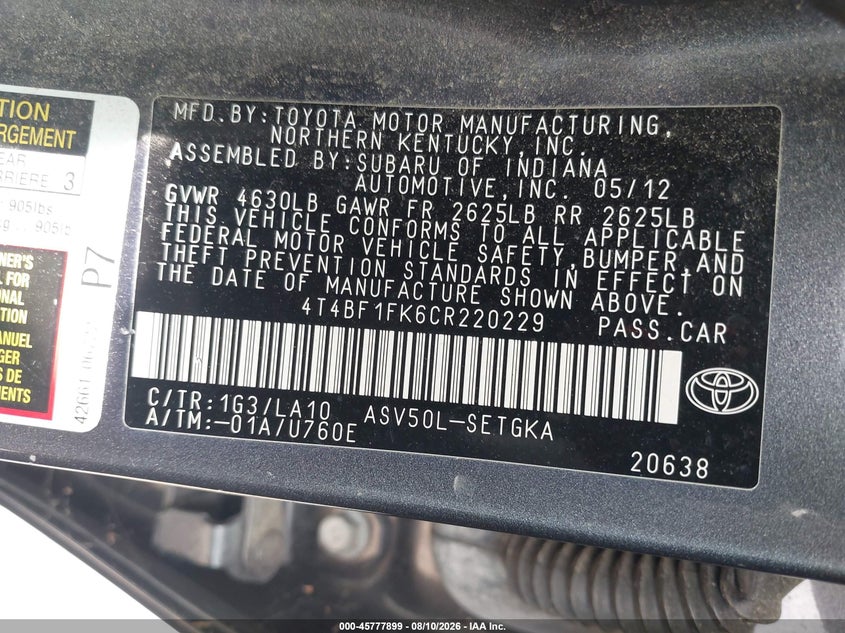 2012 TOYOTA CAMRY SEDAN 2.5L I-4 DOHC, VVT, 173HP