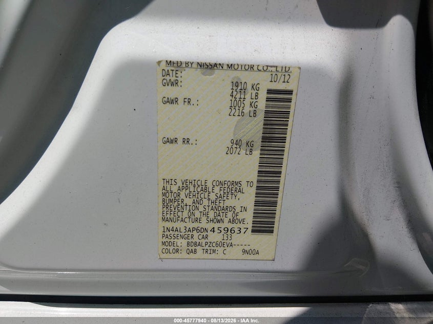 2013 NISSAN ALTIMA SEDAN 2.5L I-4 DOHC, VVT, 182HP