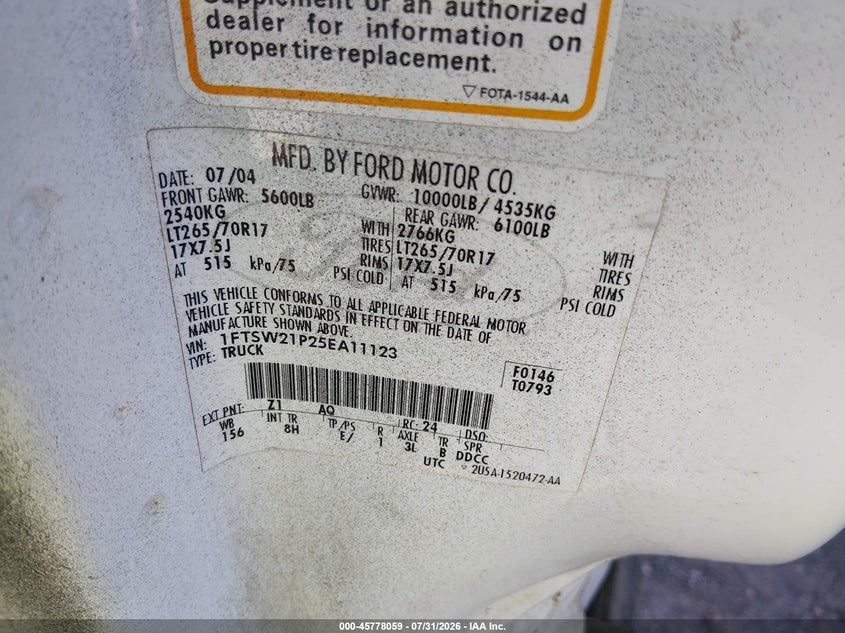 FORD F-250 2005 VIN 1FTSW21P25EA11123