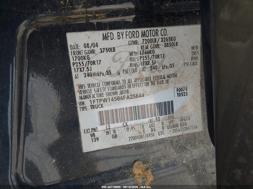 2004 FORD F-150 TRUCK 5.4L V-8 VVT, 300HP