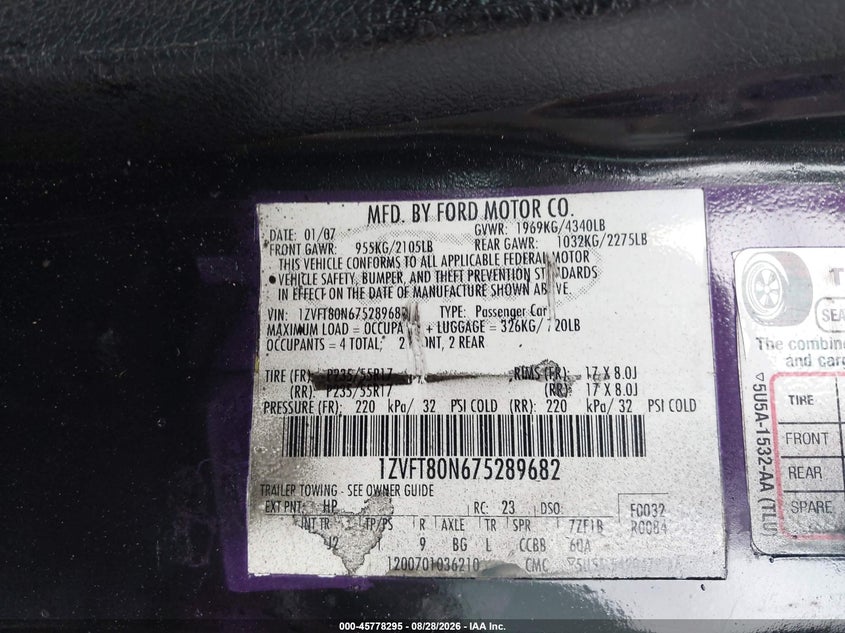 FORD MUSTANG 2007 VIN 1ZVFT80N675289682