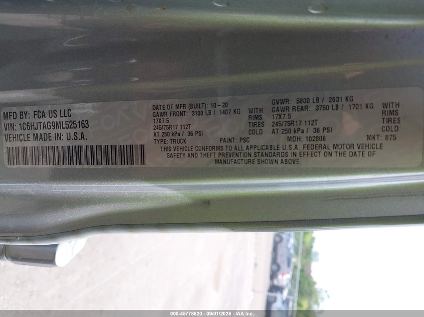 JEEP GLADIATOR 2021 VIN 1C6HJTAG9ML525163