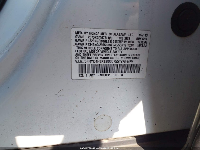 ACURA MDX 2014 VIN 5FRYD4H8XEB005755
