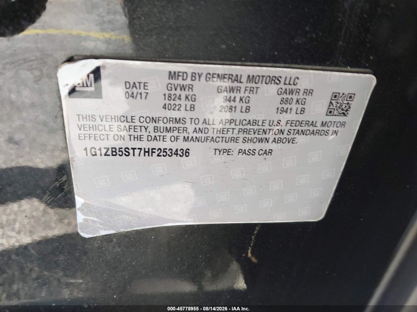 CHEVROLET MALIBU 2017 VIN 1G1ZB5ST7HF253436