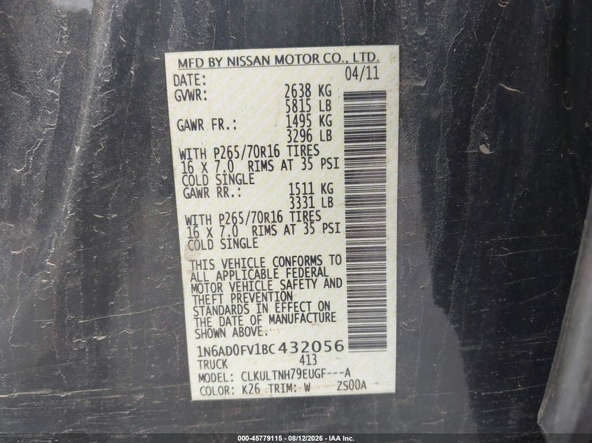 NISSAN FRONTIER 2011 VIN 1N6AD0FV1BC432056