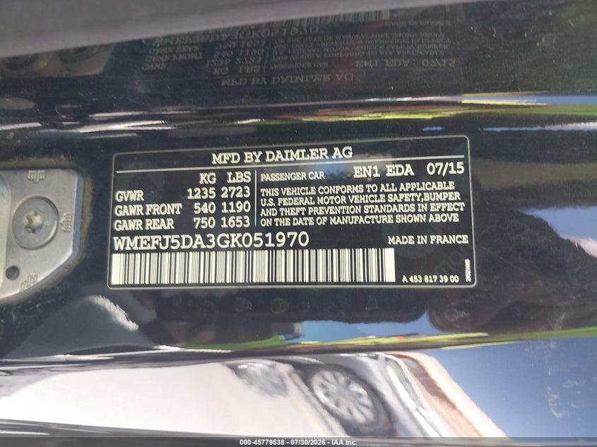 SMART FORTWO 2016 VIN WMEFJ5DA3GK051970
