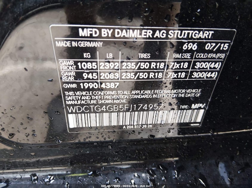 MERCEDES-BENZ GLA 250 2015 VIN WDCTG4GB5FJ174957