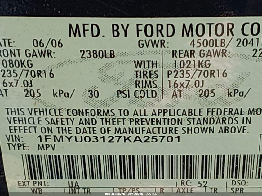 2007 FORD ESCAPE SPORT UTILITY VEHICLE 3.0L V-6 DOHC, 200HP