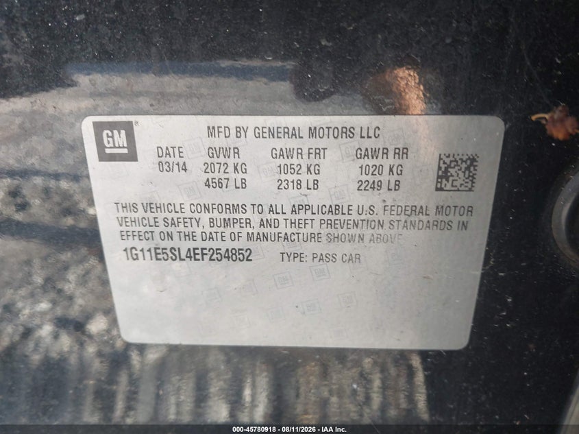 2014 CHEVROLET MALIBU SEDAN 2.5L I-4 DI, DOHC, VVT, 196HP