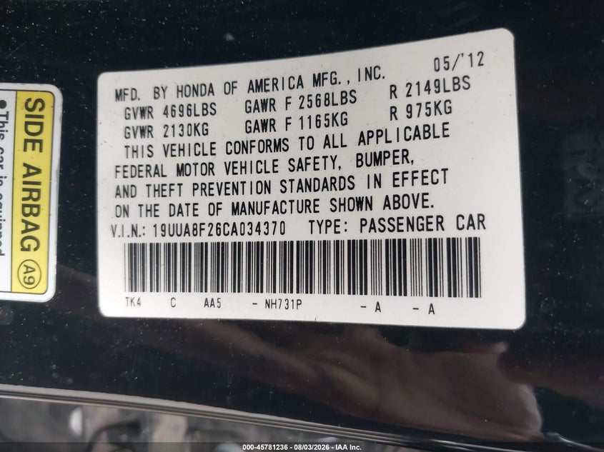 2012 ACURA TL SEDAN 3.5L V-6 VVT, 280HP