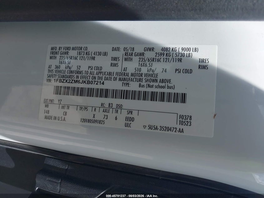 FORD TRANSIT-350 2018 VIN 1FBZX2ZM6JKB07214