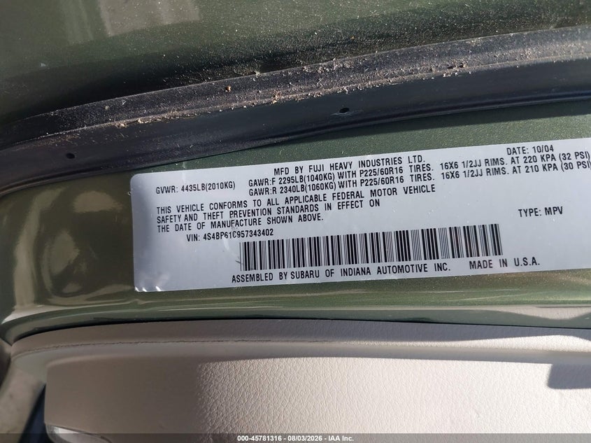 2005 SUBARU OUTBACK WAGON 2.5L H-4 168HP