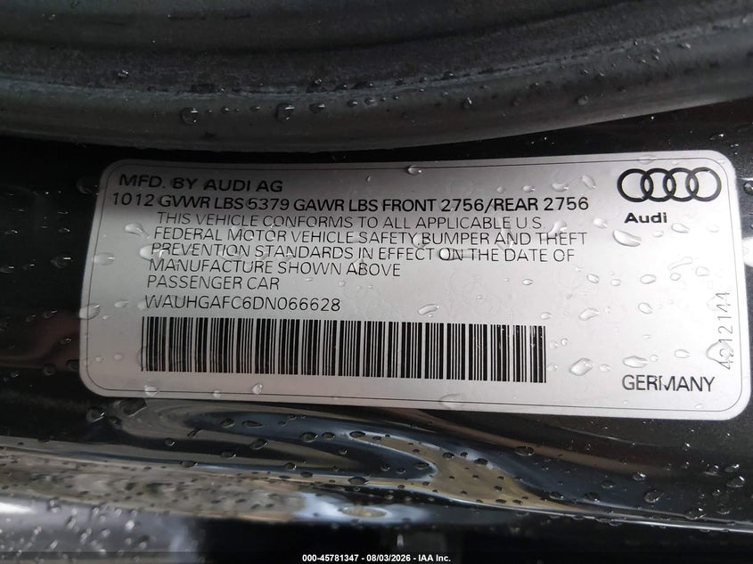 AUDI A6 2013 VIN WAUHGAFC6DN066628