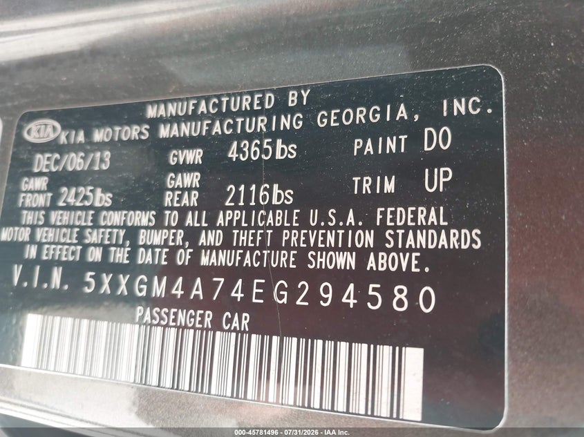 2014 KIA OPTIMA SEDAN 2.4L I-4 DI, DOHC, VVT, 192HP