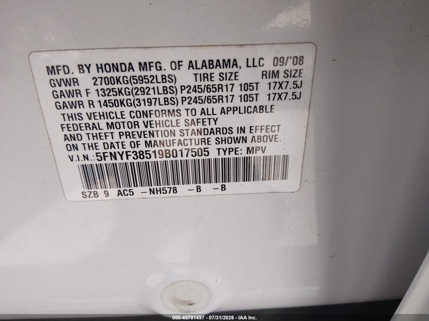 HONDA PILOT 2009 VIN 5FNYF38519B017505