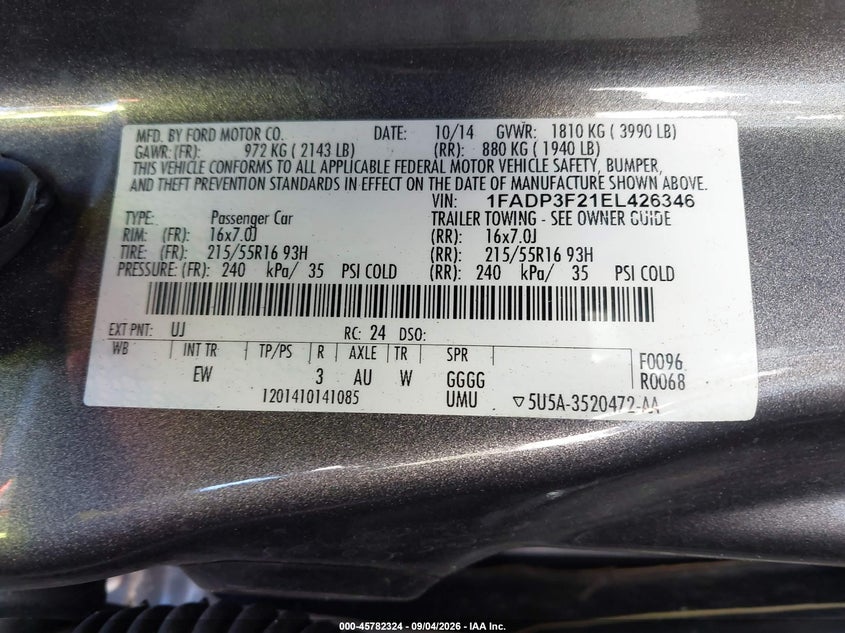 FORD FOCUS 2014 VIN 1FADP3F21EL426346