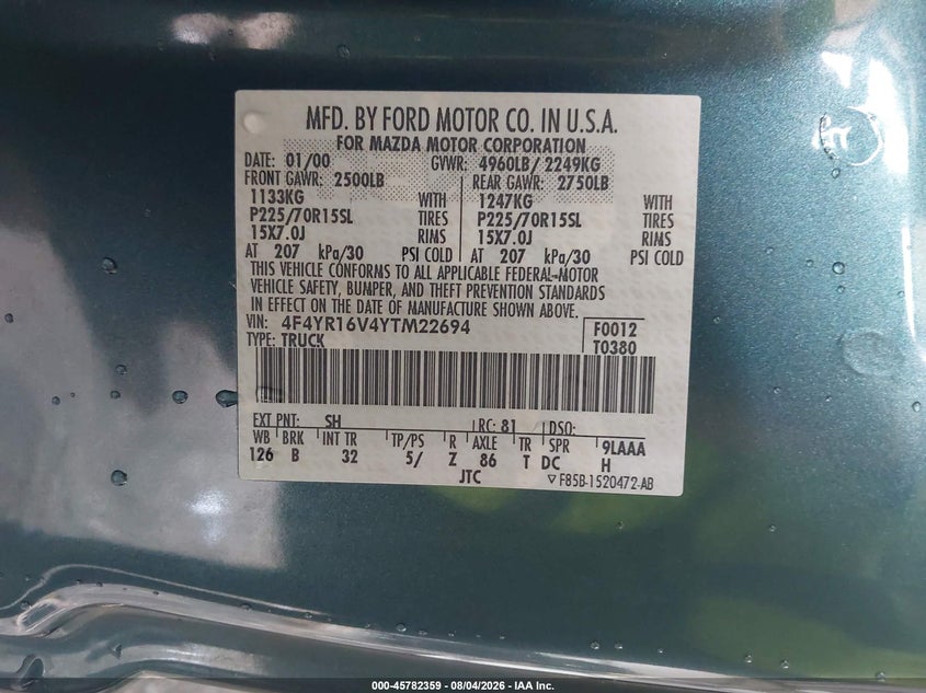 MAZDA B3000 2000 VIN 4F4YR16V4YTM22694