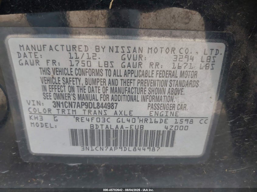 NISSAN VERSA 2013 VIN 3N1CN7AP9DL844987