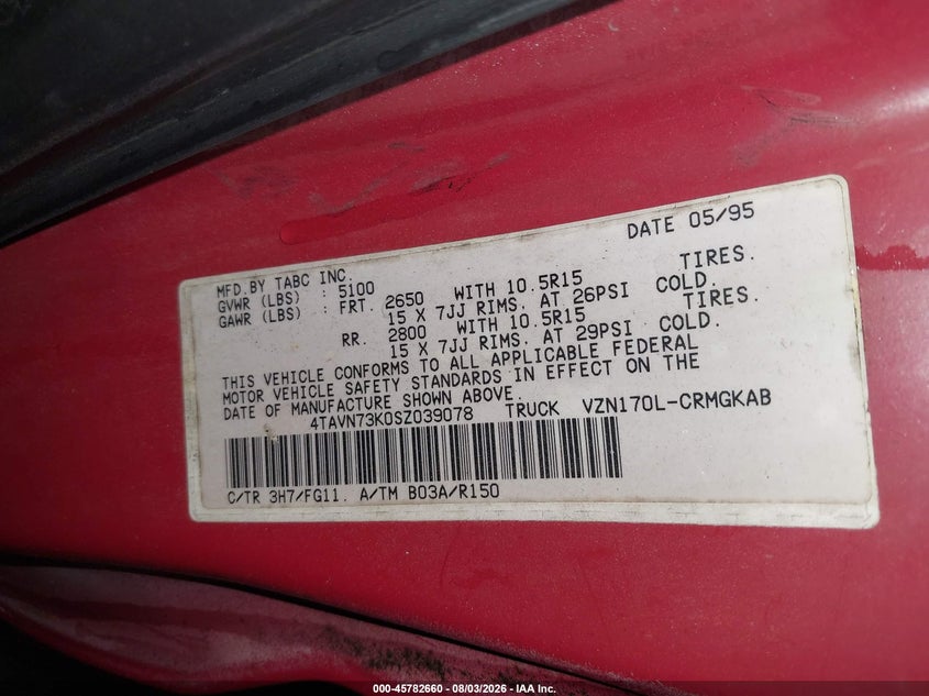 TOYOTA TACOMA 1995 VIN 4TAVN73K0SZ039078