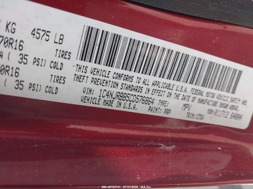 JEEP PATRIOT 2012 VIN 1C4NJRBB5CD576864