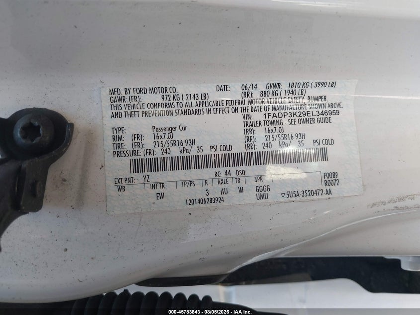 FORD FOCUS 2014 VIN 1FADP3K29EL346959