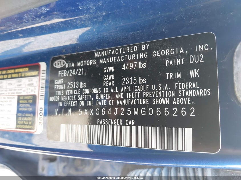 KIA K5 2021 VIN 5XXG64J25MG066262