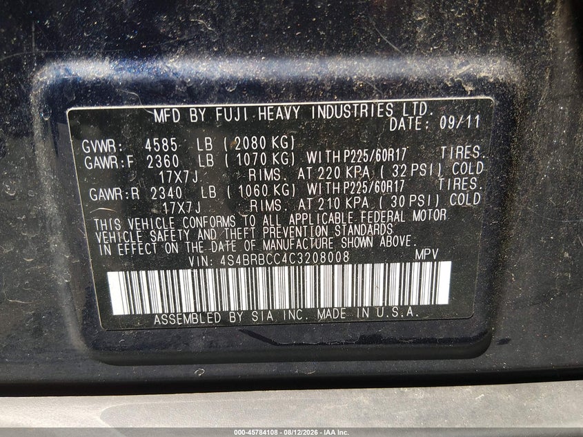 SUBARU OUTBACK 2012 VIN 4S4BRBCC4C3208008