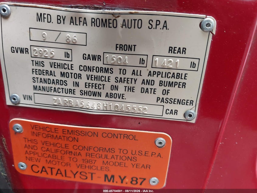 1987 ALFA ROMEO SPIDER CABRIO 2.0L I4 FI DOHC F