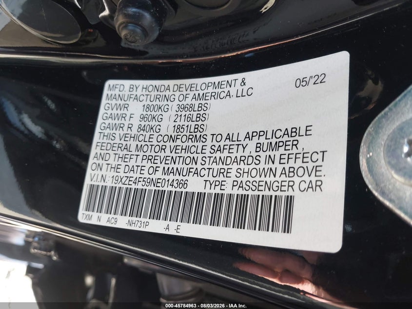 HONDA INSIGHT 2022 VIN 19XZE4F59NE014366
