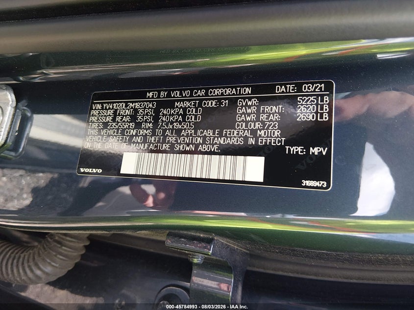 VOLVO XC60 2021 VIN YV4102DL2M1837043