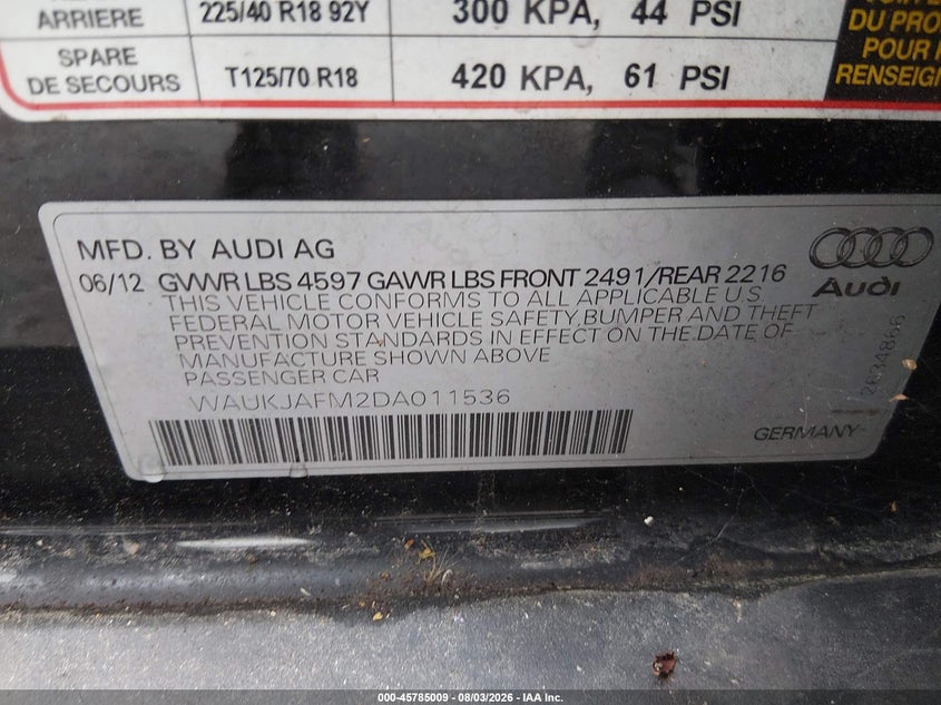 2013 AUDI A3 HATCHBACK 2.0L I-4 DI, DOHC, TURBO, 140HP