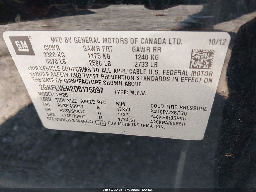 GMC TERRAIN 2013 VIN 2GKFLVEK2D6175697
