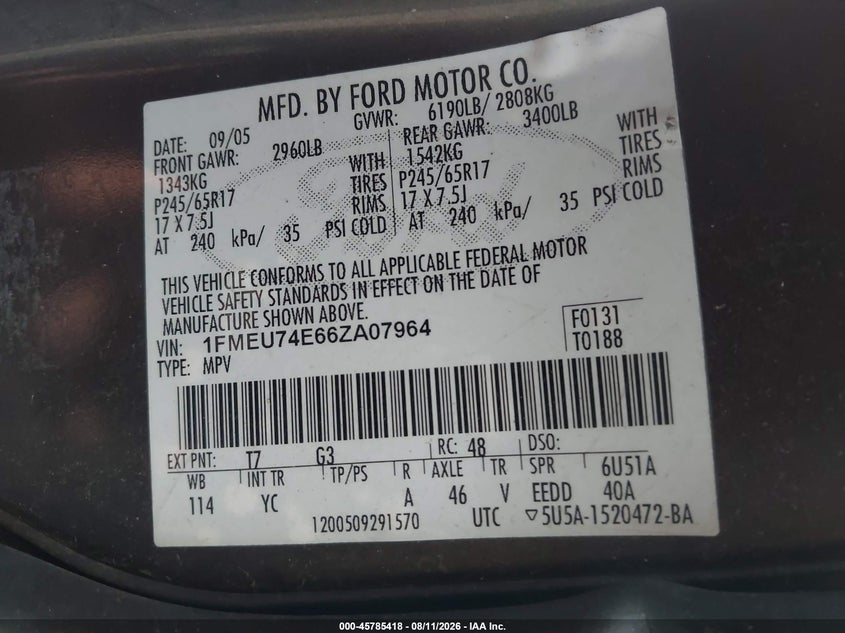 FORD EXPLORER 2006 VIN 1FMEU74E66ZA07964