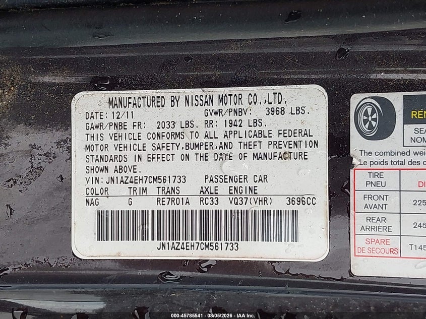NISSAN 370Z 2012 VIN JN1AZ4EH7CM561733