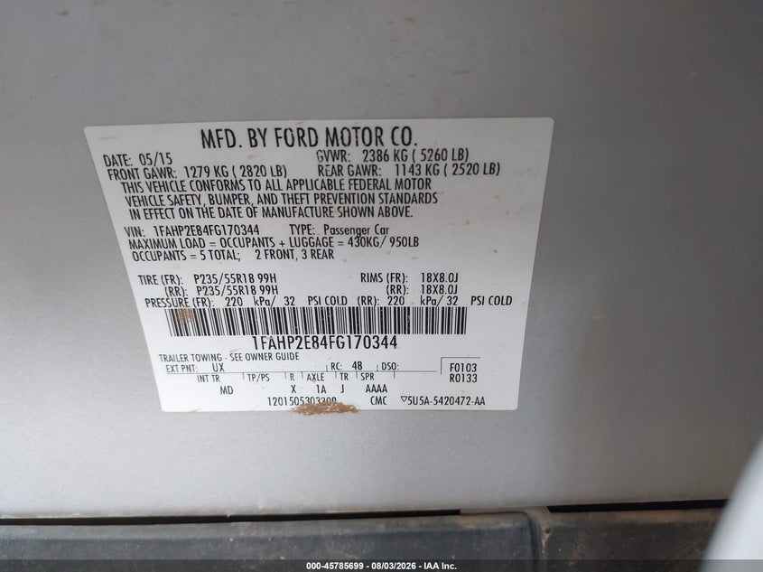 FORD TAURUS 2015 VIN 1FAHP2E84FG170344