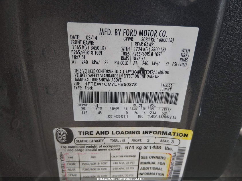 2014 FORD F-150 PICKUP 3.7L V-6 DOHC, VVT, 302HP