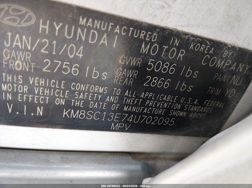 HYUNDAI SANTA FE 2004 VIN KM8SC13E74U702095