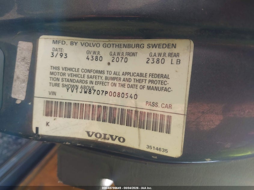 1993 VOLVO 940 WAGON 2.3L I4 FI SOHC F