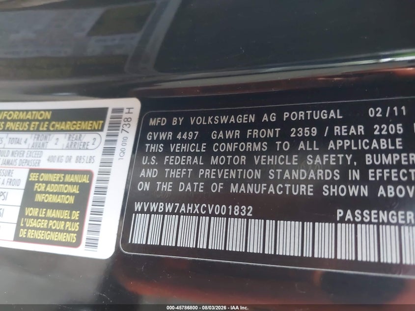 2012 VOLKSWAGEN EOS CABRIO 2.0L I-4 DI, DOHC, VVT, TURBO, 200HP