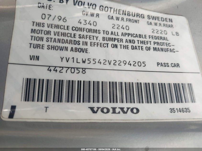 1997 VOLVO 850 WAGON 2.4L I-5 DOHC, 168HP