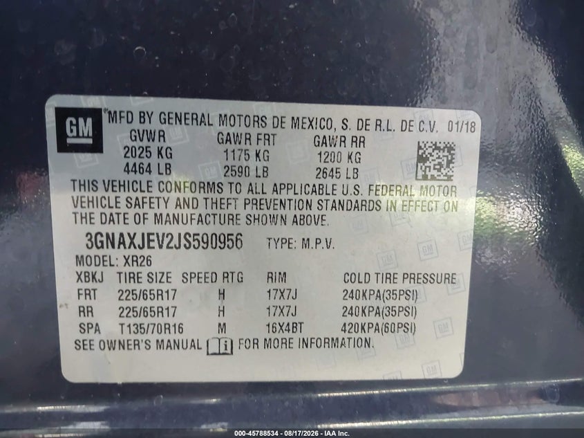 CHEVROLET EQUINOX 2018 VIN 3GNAXJEV2JS590956