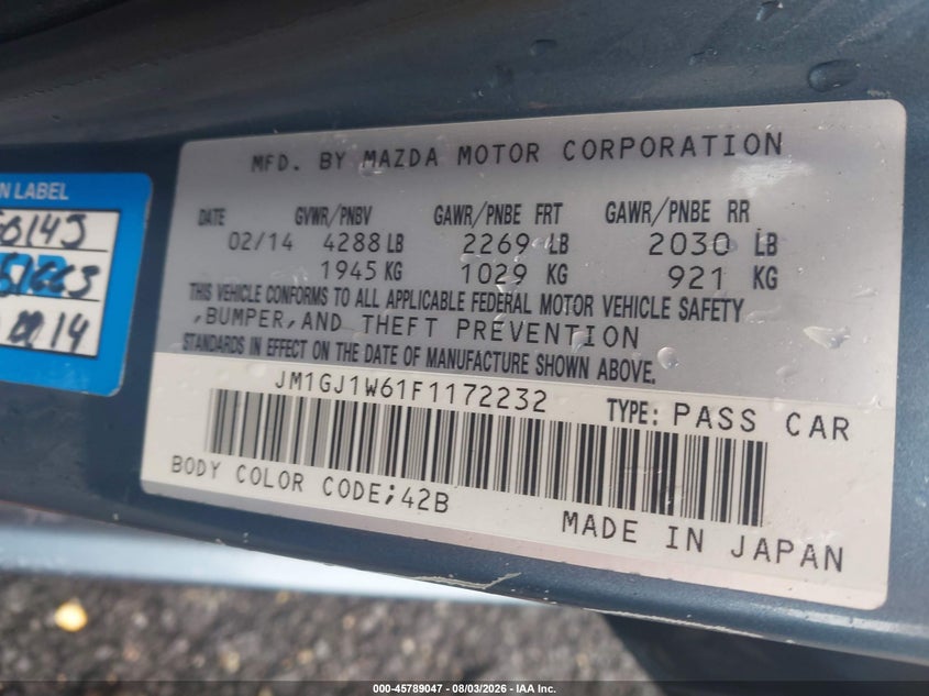 MAZDA MAZDA6 2015 VIN JM1GJ1W61F1172232