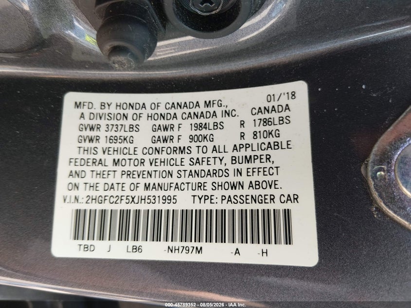 2018 HONDA CIVIC SEDAN 2.0L I-4 DOHC, VVT, 158HP