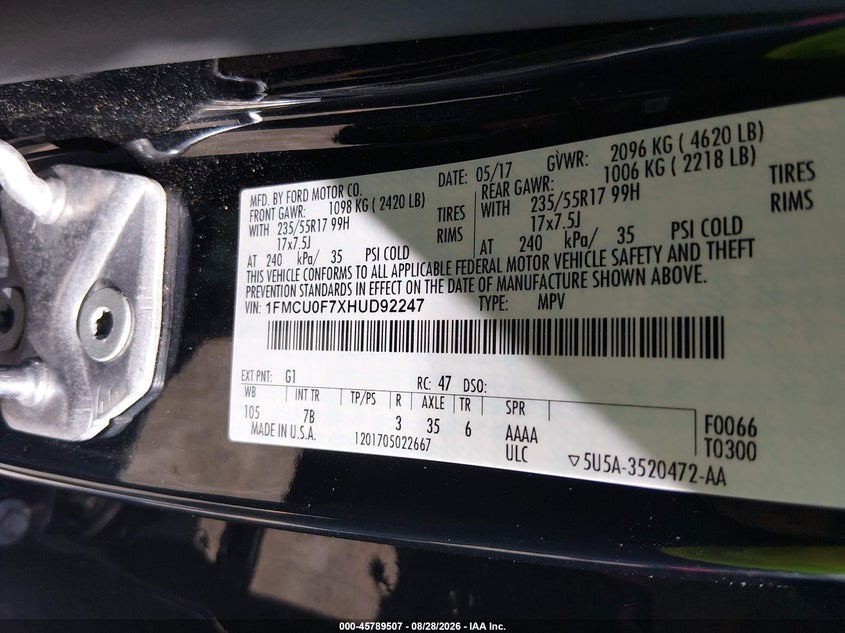 2017 FORD ESCAPE SPORT UTILITY VEHICLE 2.5L I-4 DOHC, VVT, 168HP