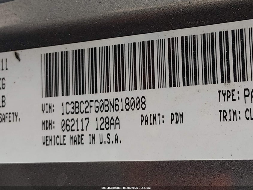 CHRYSLER 200 2011 VIN 1C3BC2FG0BN618008