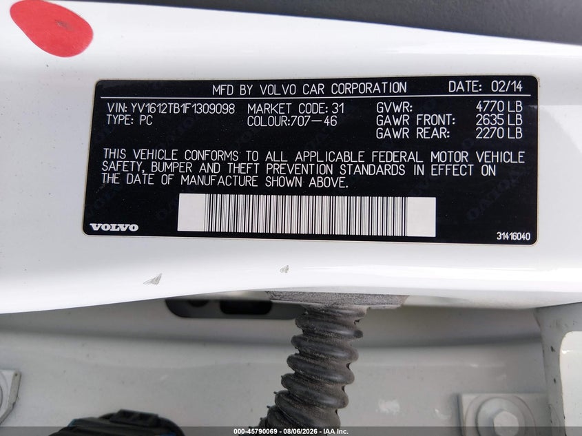 VOLVO S60 2015 VIN YV1612TB1F1309098