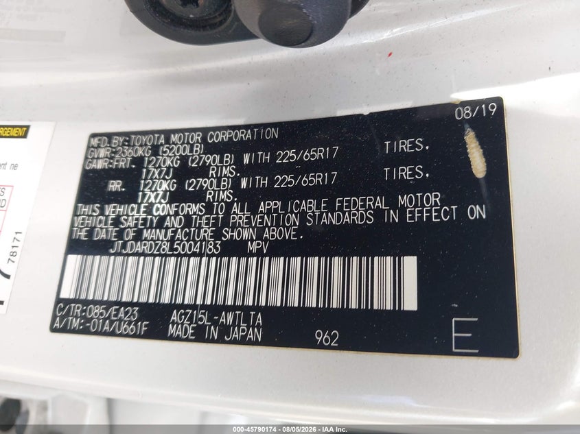 LEXUS NX 300 2020 VIN JTJDARDZ8L5004183