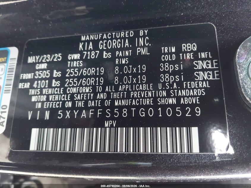 KIA EV9 2026 VIN 5XYAFFS58TG010529