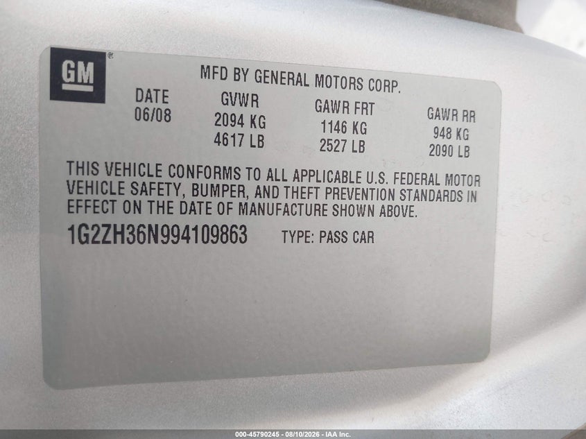 PONTIAC G6 2009 VIN 1G2ZH36N994109863
